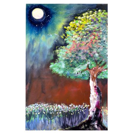 Night Tree Oil Canvas Painting by Artist Debayan Kundu 30 x 20 Inches